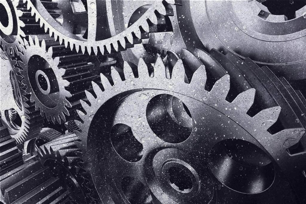Close-up of meshing steel gears
